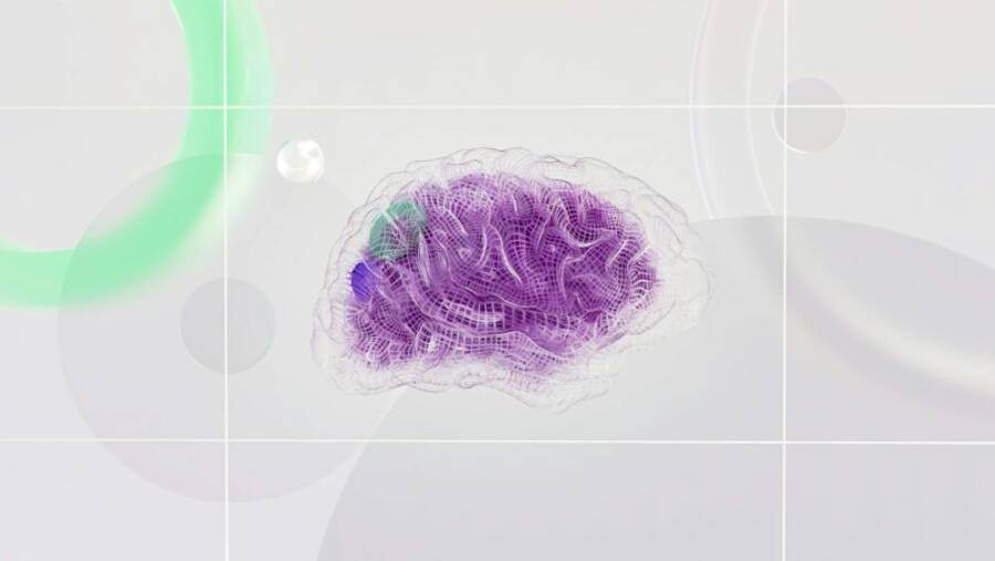 3D rendered abstract design featuring a digital brain visual with vibrant colors.