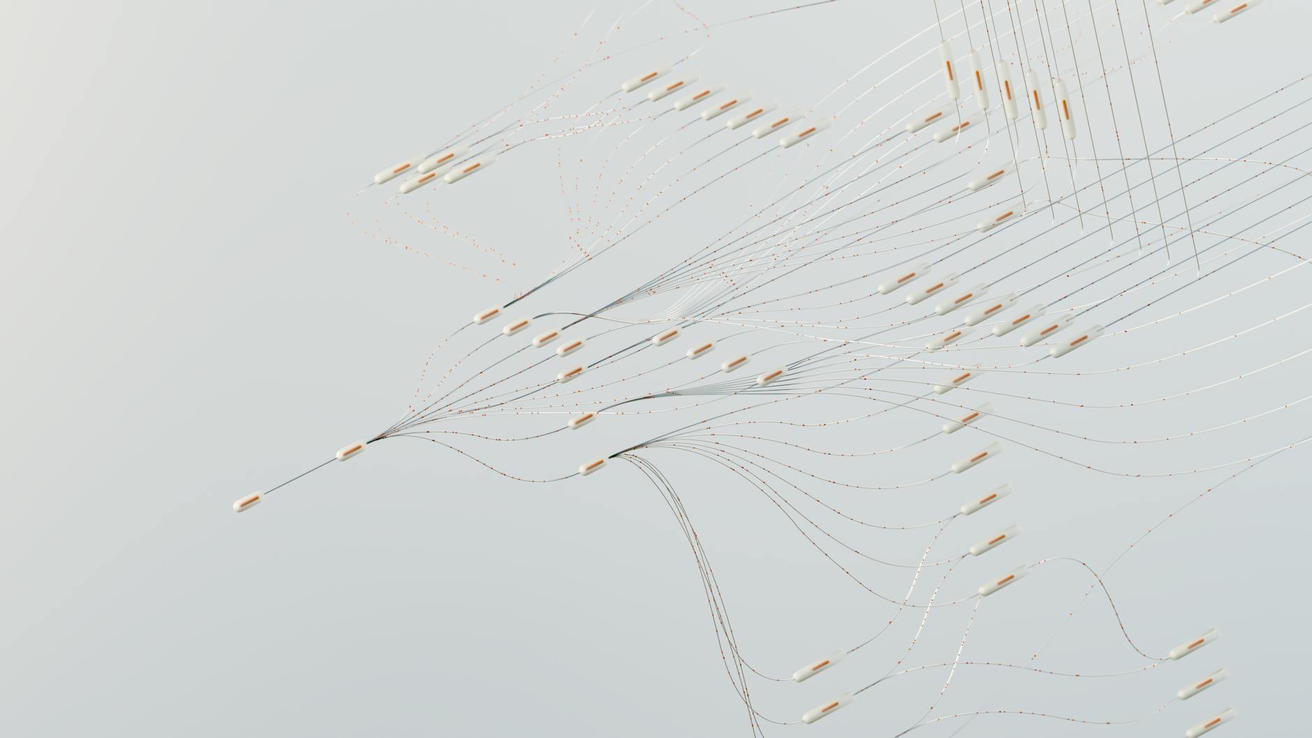 Abstract illustration depicting complex digital neural networks and data flow.