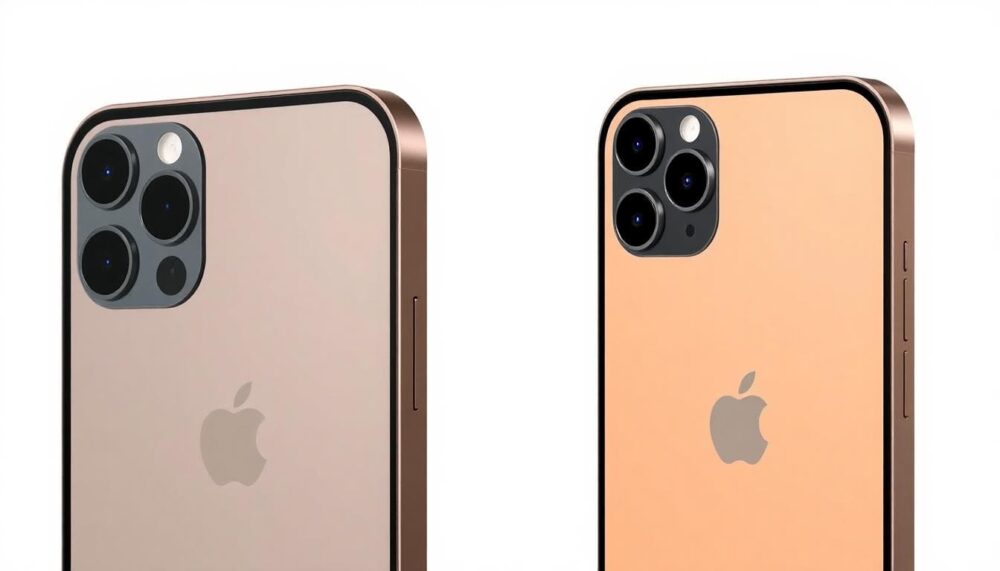 iPhone 16 Pro in Desert Titanium color next to iPhone 15 Pro, highlighting slim bezels and larger display