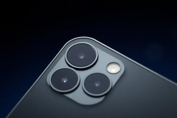 iPhone 16 Pro Max 夜景光斑形狀測試:光圈模擬與焦外表現(iPhone 16 Pro Max 夜景光斑形状测试:光圈模拟与焦外表现) iPhone 16 Pro Max 後置相機特寫,顯示三鏡頭配置,包括主鏡頭、超廣角和長焦鏡頭,周圍是鈦合金邊框,背景漸變為深藍色,暗示夜間拍攝環境
