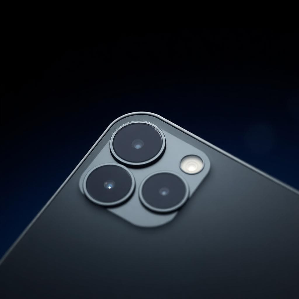 iPhone 16 Pro Max 後置相機特寫,顯示三鏡頭配置,包括主鏡頭、超廣角和長焦鏡頭,周圍是鈦合金邊框,背景漸變為深藍色,暗示夜間拍攝環境