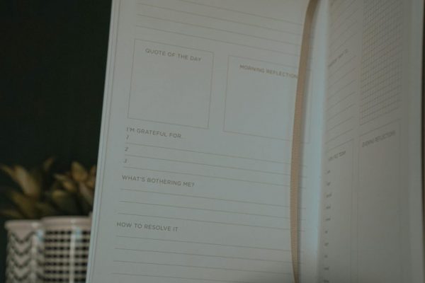 An open journal with sections for quotes, reflections, and gratitude.