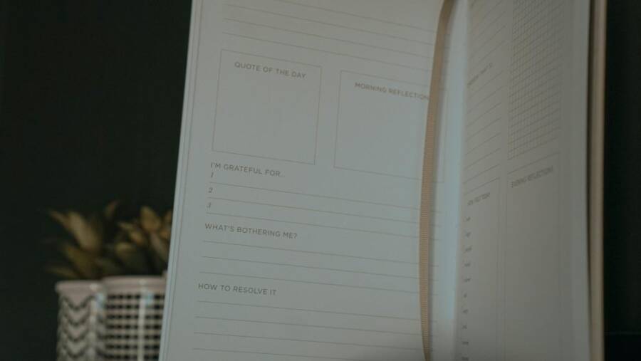 An open journal with sections for quotes, reflections, and gratitude.