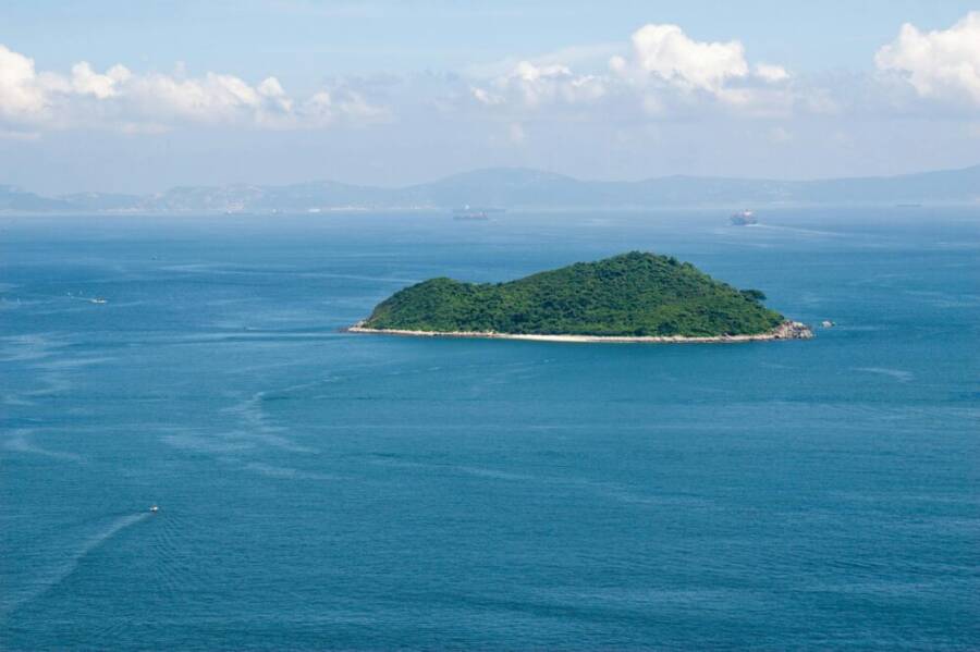 Breathtaking aerial shot of a vibrant green island surrounded by the blue sea in Hong Kong, ideal for nature and travel themes.