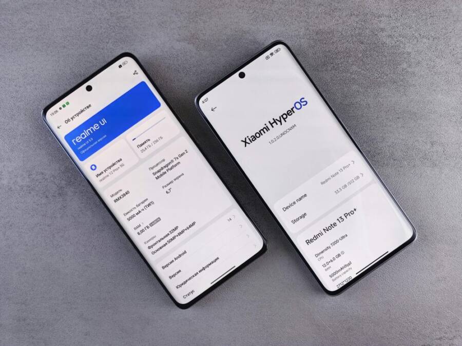 comparison of two smartphones showing Realme UI and Xiaomi HyperOS interfaces on their screens