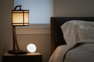 Serene and inviting bedroom interior featuring a warm-lit lamp and cushioned bed.