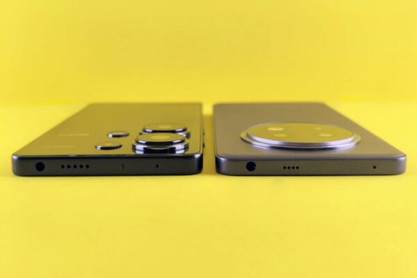 Two smartphones showcased side-by-side against a vibrant yellow background
