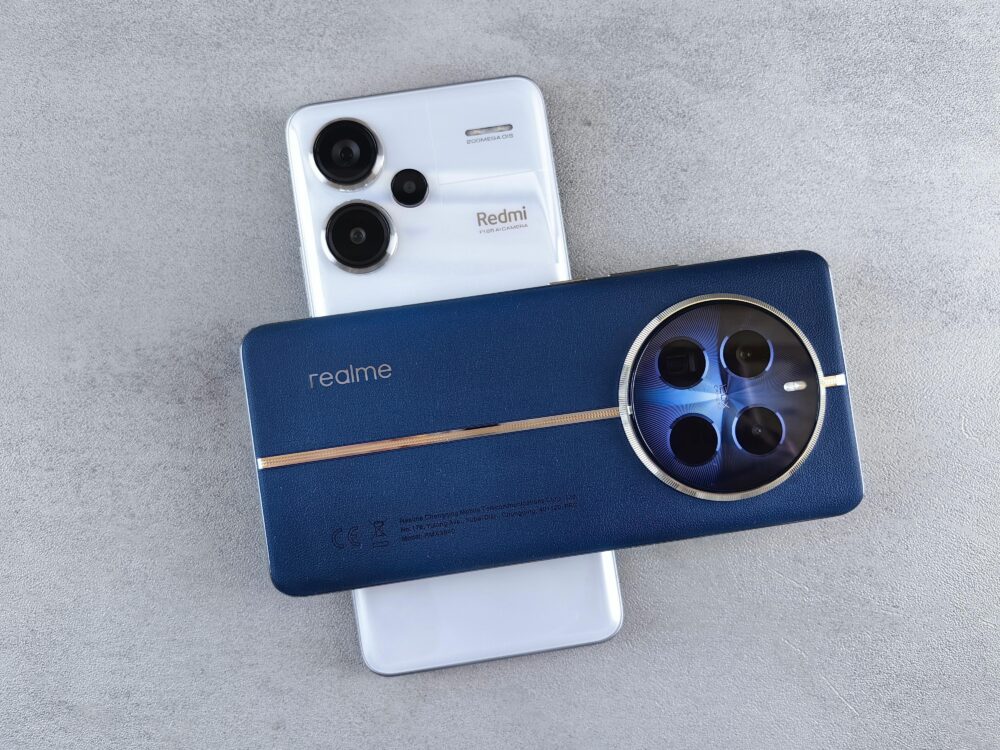 Close-up view of Realme and Redmi smartphones