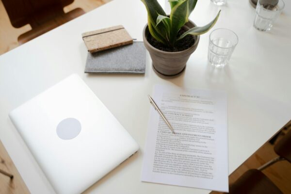 Top view of a clean workspace with laptop, contract, and plant for productivity and focus.