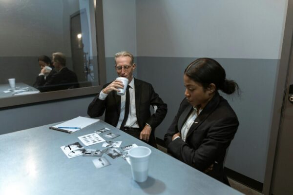 Two professionals discussing documents in a modern office setting with a reflective glass panel.