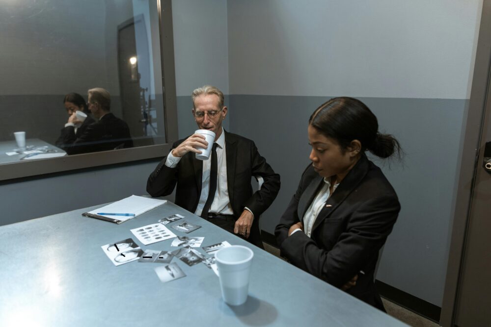Two professionals discussing documents in a modern office setting with a reflective glass panel.