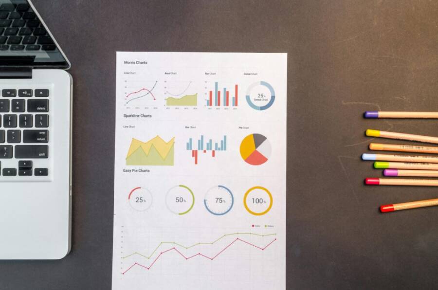 Top view of charts and colored pencils on a desk next to a laptop, perfect for business or education themes.