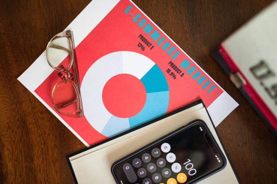 Top view of e-commerce market analysis graph with smartphone calculator and glasses for business insights.