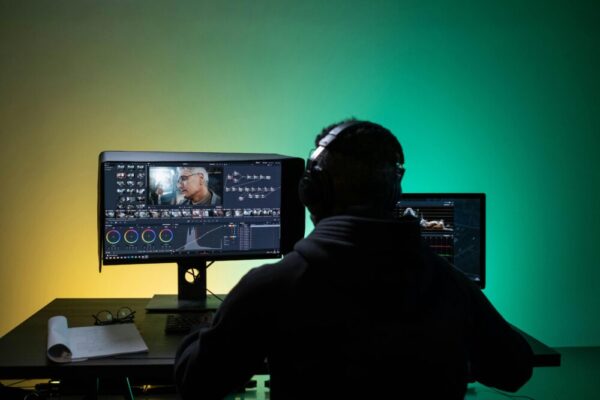 不露臉行銷剪輯工具比較:CapCut、VN、Premiere Rush、Final Cut 哪款適合你 A video editor works on dual monitors with headphones, focusing on color correction.