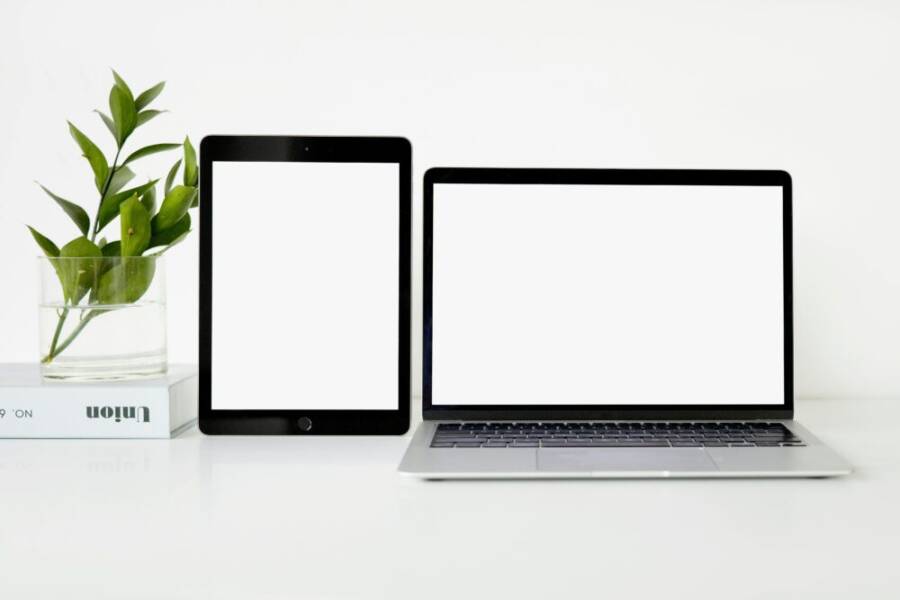 Modern minimalist workspace featuring a laptop and tablet on a white desk with green plant.
