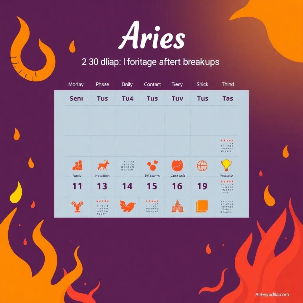 A vibrant illustration of a 30-day calendar planner themed around Aries zodiac sign recovery after breakup