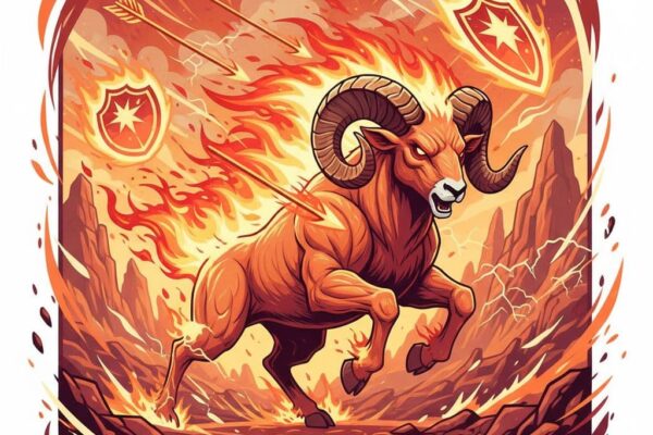 A dynamic illustration of Aries zodiac sign, showing a fiery ram charging forward with energy and determination, surrounded by flames and action symbols like arrows and shields, in a vibrant landscape with red and orange tones. Foreground focuses on the ram