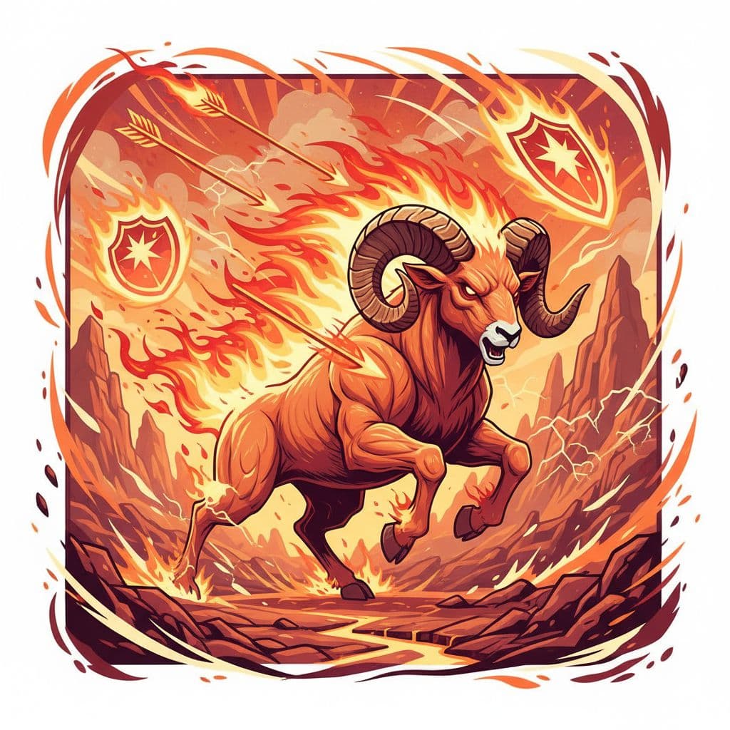 A dynamic illustration of Aries zodiac sign, showing a fiery ram charging forward with energy and determination, surrounded by flames and action symbols like arrows and shields, in a vibrant landscape with red and orange tones. Foreground focuses on the ram