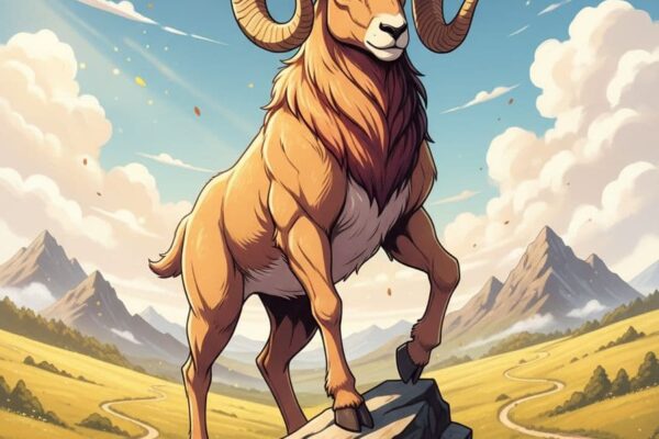 一隻勇敢的公羊站在山頂，象徵白羊座的領導力和熱情，周圍陽光普照的草原與登山路徑，背景藍天白雲，風格寫實動漫混合