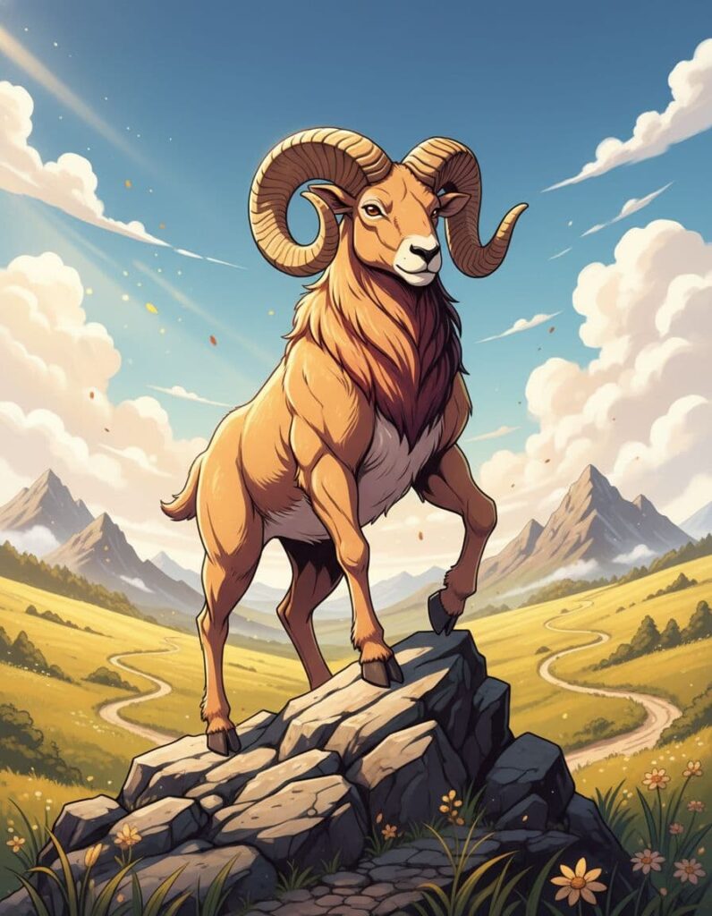 一隻勇敢的公羊站在山頂，象徵白羊座的領導力和熱情，周圍陽光普照的草原與登山路徑，背景藍天白雲，風格寫實動漫混合