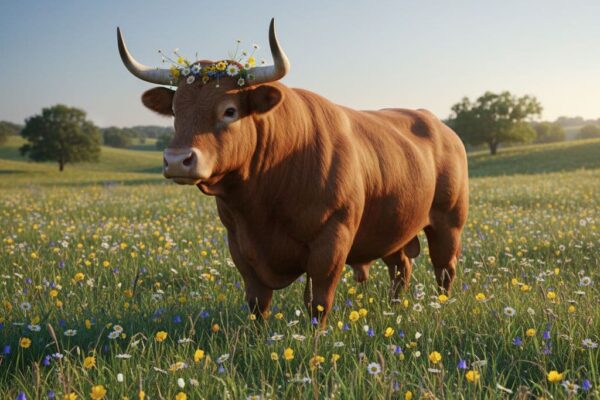 A calm Taurus bull standing in a lush green field under a clear blue sky, surrounded by blooming flowers