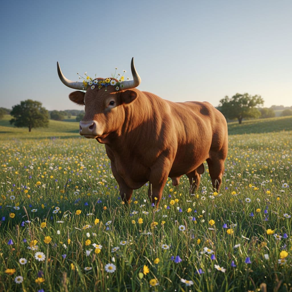 A calm Taurus bull standing in a lush green field under a clear blue sky, surrounded by blooming flowers