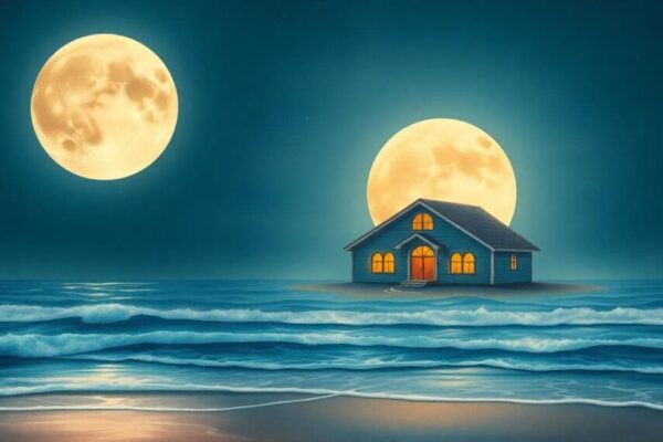 月亮巨蟹座的情感象徵，AI 生成的安定海岸與蟹殼形牆的家