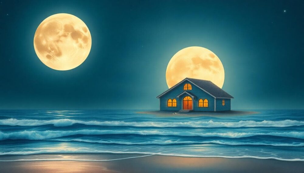 月亮巨蟹座的情感象徵,AI 生成的安定海岸與蟹殼形牆的家