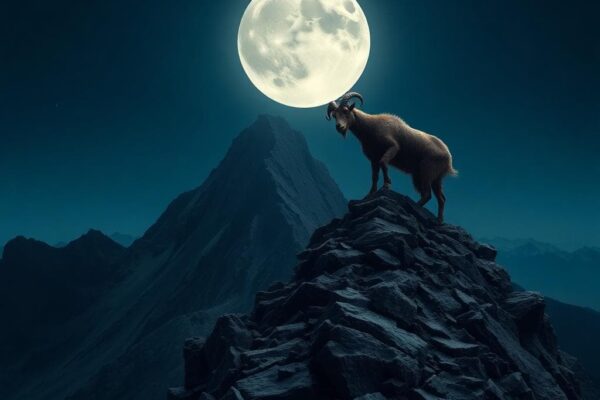 AI 生成的圖像：寧靜夜空下，滿月照亮崎嶇山峰，一隻堅定的山羊穩步攀登高峰，象徵月亮摩羯座的韌性與情感防護。前景顯示岩石路徑，背景有星空與遠山，呈現寫實數位藝術風格，氛圍內省而深沉。