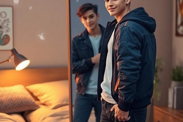 Image caption: 水瓶座在準備第一次約會時的自信與從容，AI 生成圖像，背景呈現智慧與好奇心的象徵元素。