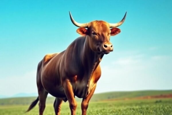 Contemplative bull in lush green field