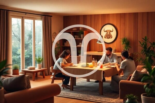 Image description: A warm family home interior with a Taurus zodiac symbol subtly incorporated, showing a stable and comfortable living room with wooden furniture, soft lighting, a family gathered around a table enjoying a meal, emphasizing security and patience. In the background, earthy tones and plants to represent grounded nature. Image generated by AI.