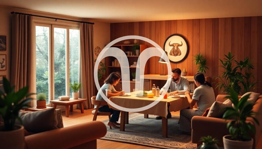 Image description: A warm family home interior with a Taurus zodiac symbol subtly incorporated, showing a stable and comfortable living room with wooden furniture, soft lighting, a family gathered around a table enjoying a meal, emphasizing security and patience. In the background, earthy tones and plants to represent grounded nature. Image generated by AI.