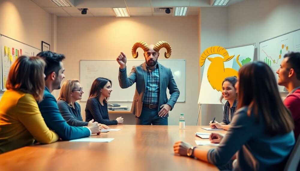 動力十足的白羊座領導在團隊會議中推動前進