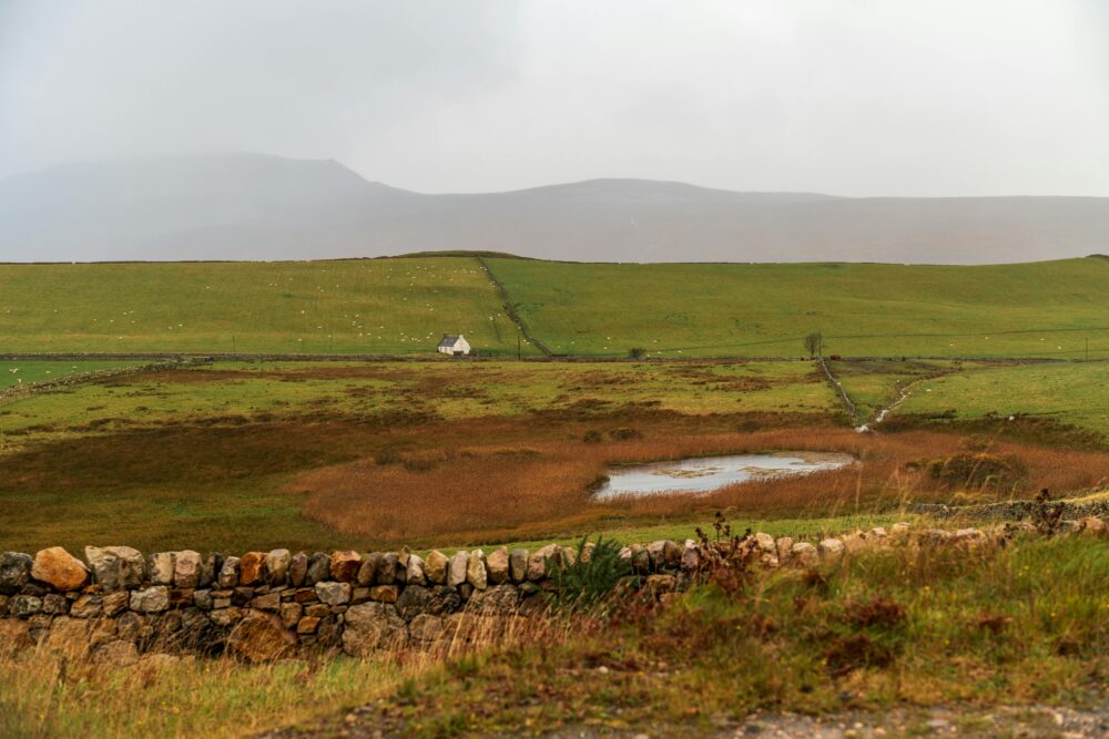 寧靜的鄉村景色，起伏的丘陵，石牆，還有一棟孤零零的房子。