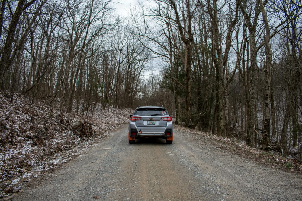 汽車在冬日沿著碎石路穿越白雪皚皚的森林,呈現出寧靜祥和的自然風光。
