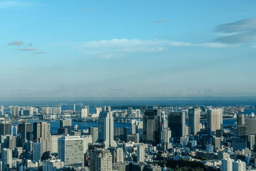 迷人的東京空中城市景觀，晴朗的天空下其標誌性的天際線和遠處的海景。