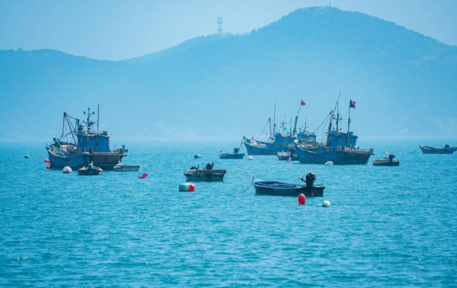 平靜的藍色水面上漁船上的寧靜場景，非常適合旅行和自然主題。