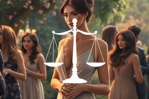 An elegant person at a garden party representing Libra zodiac traits, interacting gracefully with friends under soft lighting