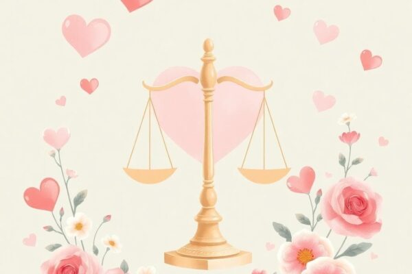 An elegant illustration of a Libra zodiac sign with a balanced scale surrounded by soft romantic hearts and flowers in a harmonious pastel background, evoking love and indecision, in a dreamy artistic style.