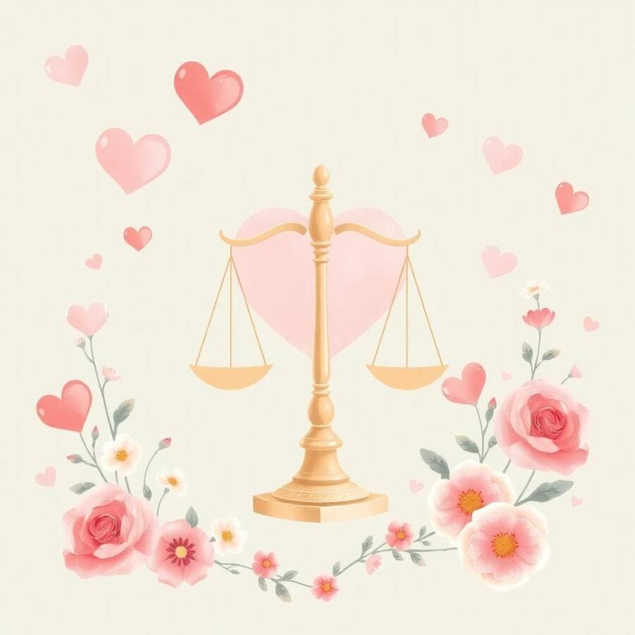 An elegant illustration of a Libra zodiac sign with a balanced scale surrounded by soft romantic hearts and flowers in a harmonious pastel background, evoking love and indecision, in a dreamy artistic style.