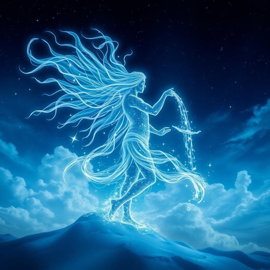 水瓶座象徵圖像，水瓶披著風與星星，象徵自由與理性