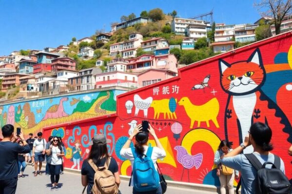 A vibrant scene in Gamcheon Culture Village, Busan, showing colorful painted walls on the hillside with artistic murals depicting animals, people, and abstract designs in bright reds, blues, yellows, and greens. In the foreground, tourists pose for Instagram photos in front of a prominent wall with a giant cat mural. The background features terraced houses climbing the hill under a clear blue sky. Photorealistic style, lively atmosphere, no text or watermarks.