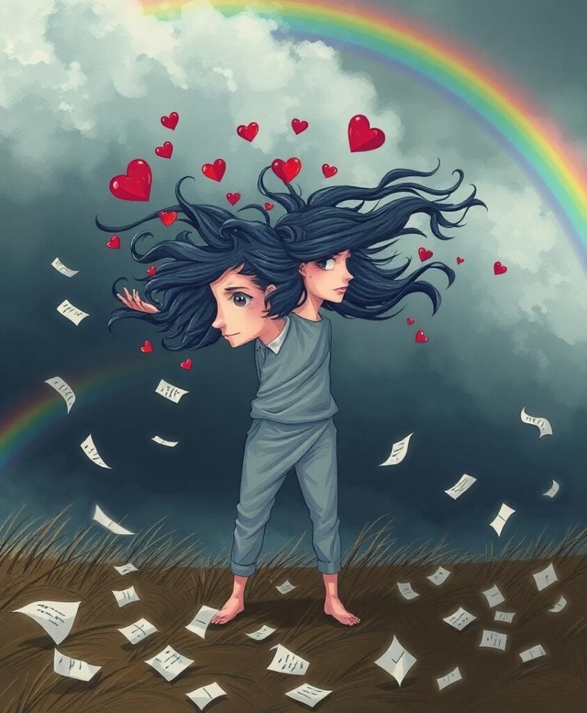 雙子座分手後的情緒混亂象徵，一個雙面人站在風中，試圖抓住飛散的回憶紙張，周圍有旋轉思緒和破碎心形，背景是暴風雨天空與漸淡雙虹。圖片由AI生成。