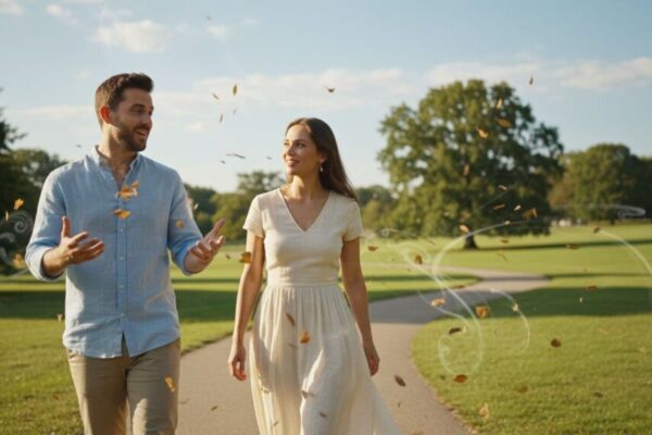 一對情侶在公園散步，男人活潑地比劃聊天，女人優雅微笑傾聽，周圍風吹樹葉，藍天白雲背景