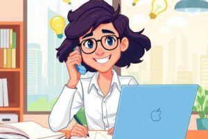 A dynamic illustration of a young professional embodying Gemini traits, juggling multiple tasks like writing, talking on phone, and browsing laptop in a bright, airy office with windows showing cityscape. Emphasize curiosity with open books and lightbulbs, adaptability with shifting backgrounds from desk to outdoor scene. Vibrant colors, cartoonish style, positive mood.