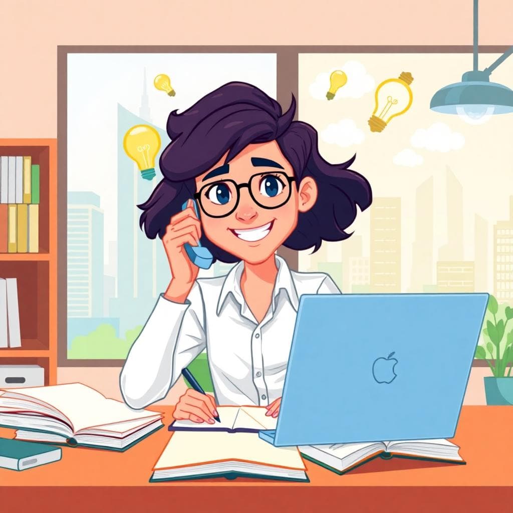A dynamic illustration of a young professional embodying Gemini traits, juggling multiple tasks like writing, talking on phone, and browsing laptop in a bright, airy office with windows showing cityscape. Emphasize curiosity with open books and lightbulbs, adaptability with shifting backgrounds from desk to outdoor scene. Vibrant colors, cartoonish style, positive mood.