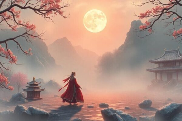 一個溫柔的巨蟹座象徵場景：一隻紅色螃蟹在寧靜的月光下海灘上緩慢爬行，前景有柔和的浪花輕拍沙灘，背景是星空和溫暖的燈光小屋，傳達情感深度、忠誠和體貼的氛圍。