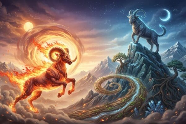 白羊座與摩羯座的星座符號和諧互動圖，公羊躍動火焰能量，山羊穩立巖峰