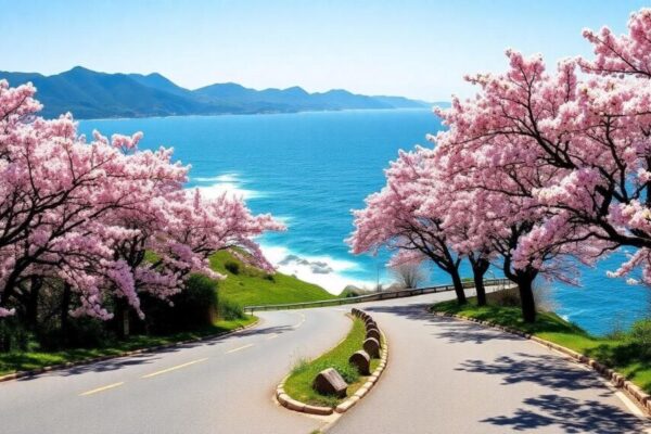 濟州島沿海路上的粉紅櫻花隧道，伴隨藍色海浪與綠丘，晴空下展現寧靜自然美。